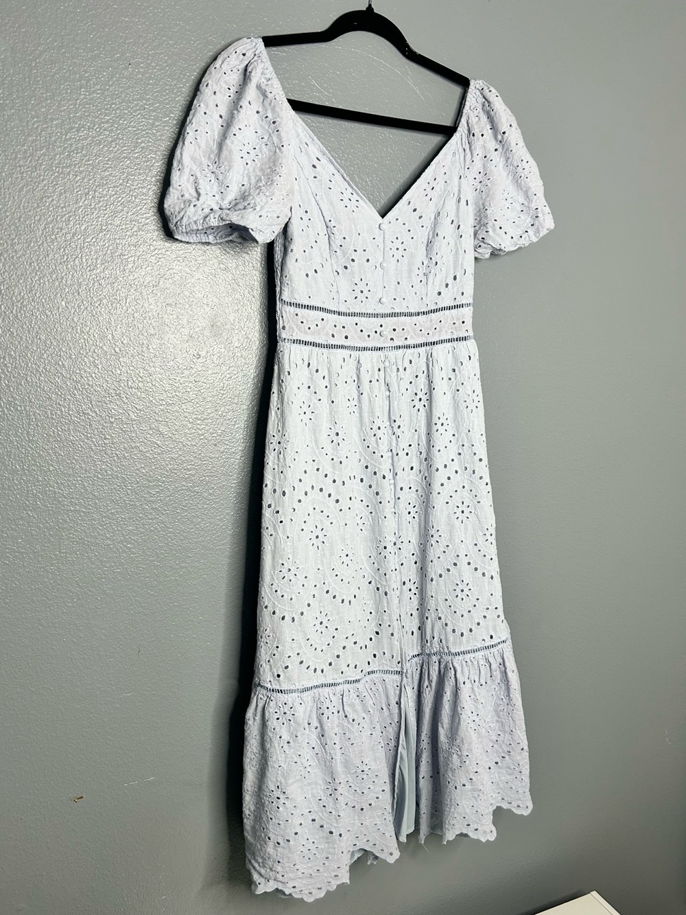 Light Blue Eyelet Puff-Sleeve Milkmaid Pleasant Cottagecore Maxi Dress Medium